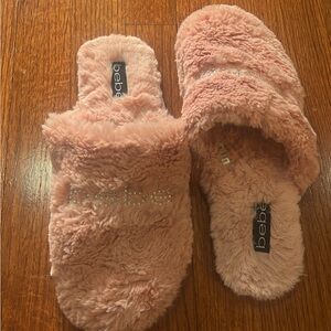 Pink fluffy bedazzled Bebe slippers